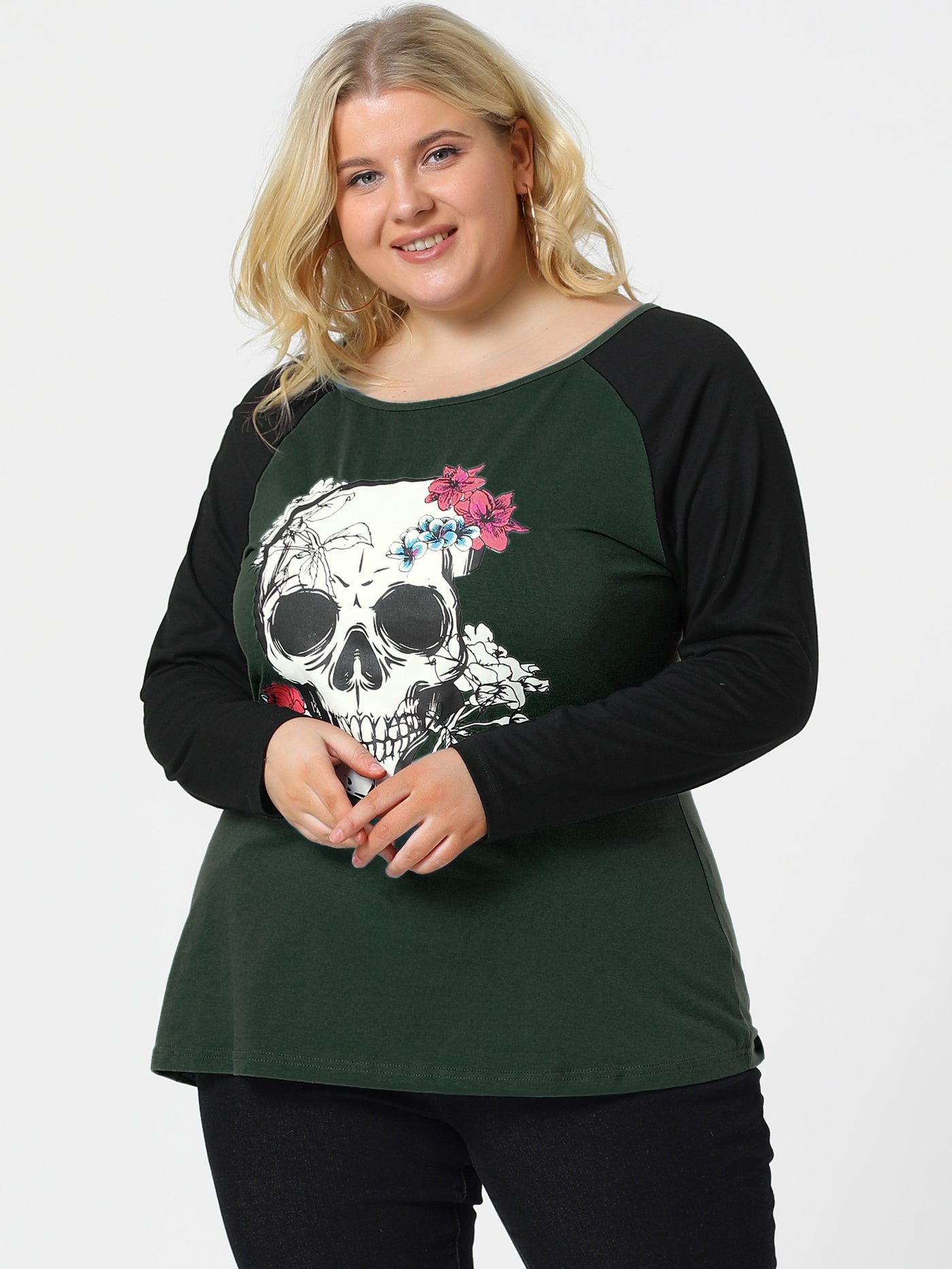 Bublédon Plus Size Tops Floral Skull Colorblock Raglan Long Sleeve Shirt