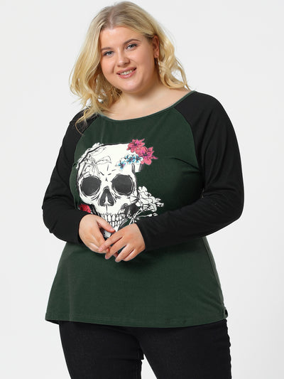 Plus Size Tops Floral Skull Colorblock Raglan Long Sleeve Shirt