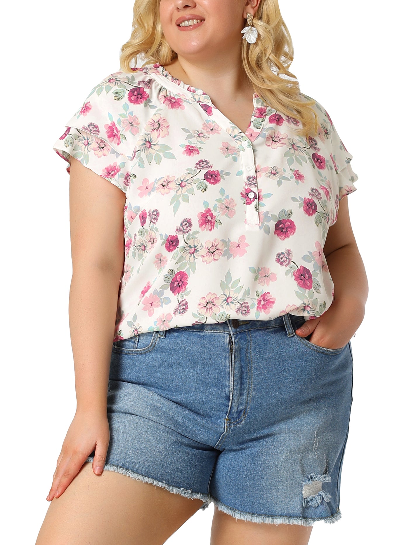 Bublédon Plus Size Floral Printed Ruffle Trim V Neck Layered Blouse