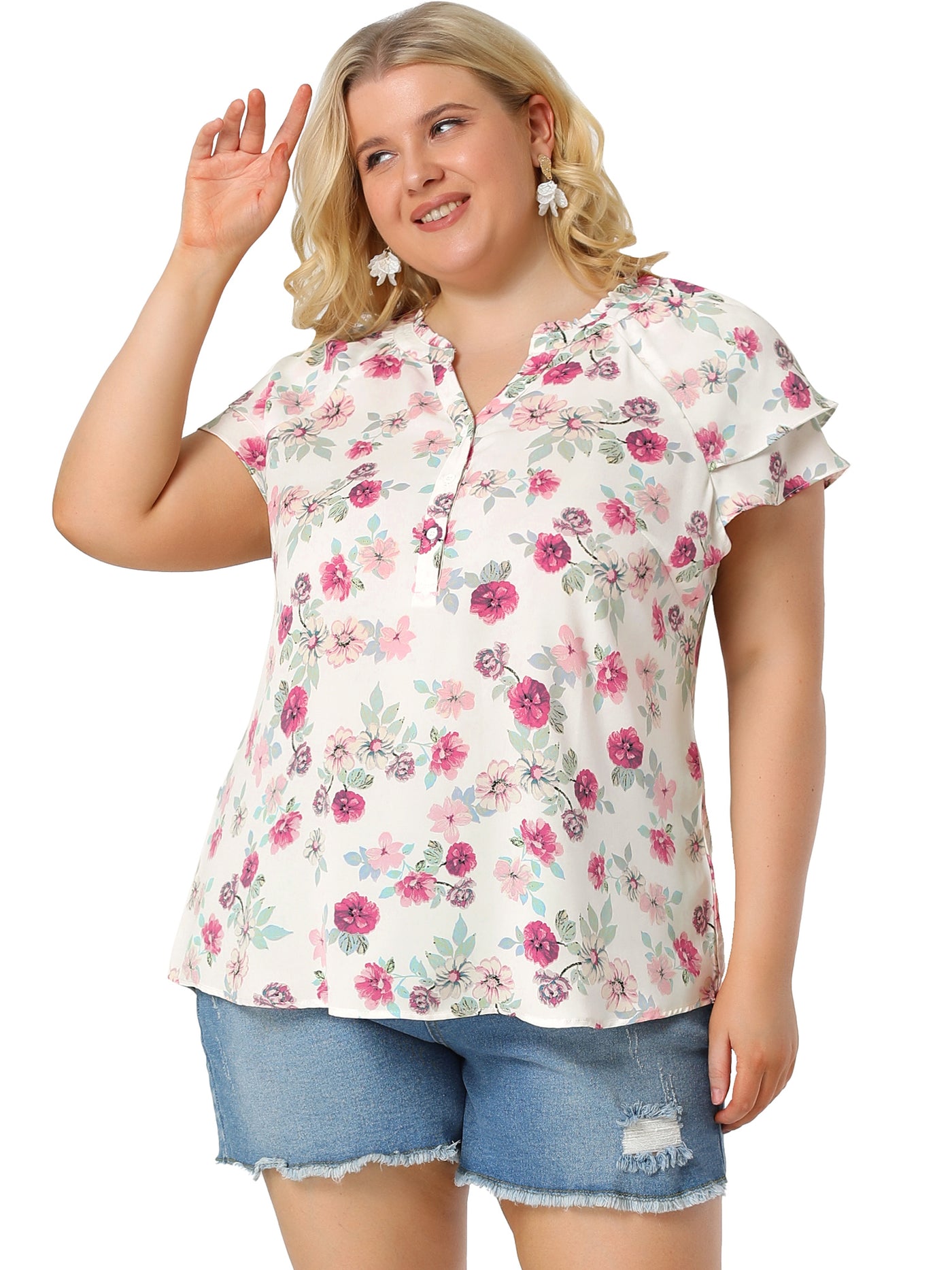 Bublédon Plus Size Floral Printed Ruffle Trim V Neck Layered Blouse