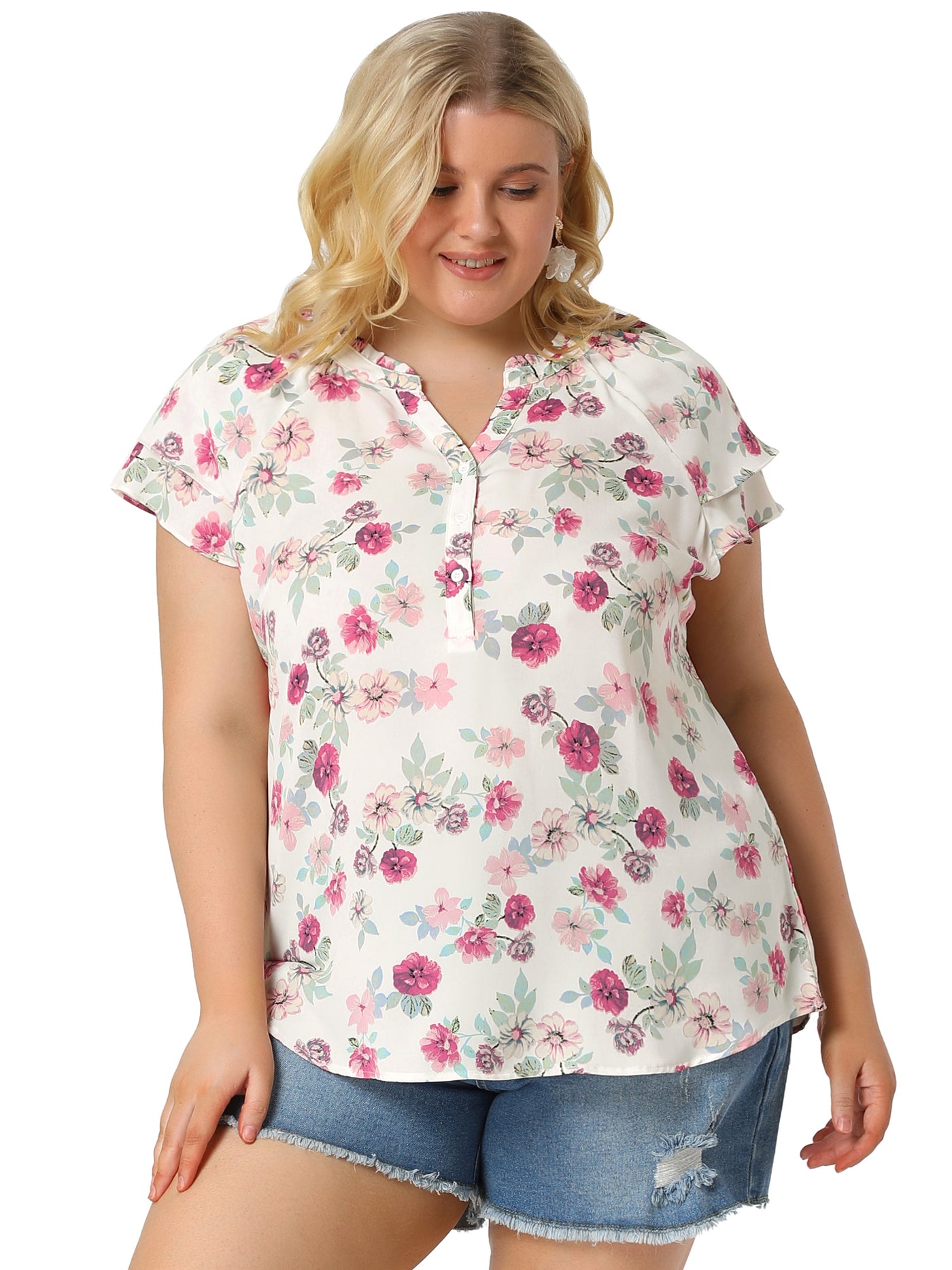 Bublédon Plus Size Floral Printed Ruffle Trim V Neck Layered Blouse