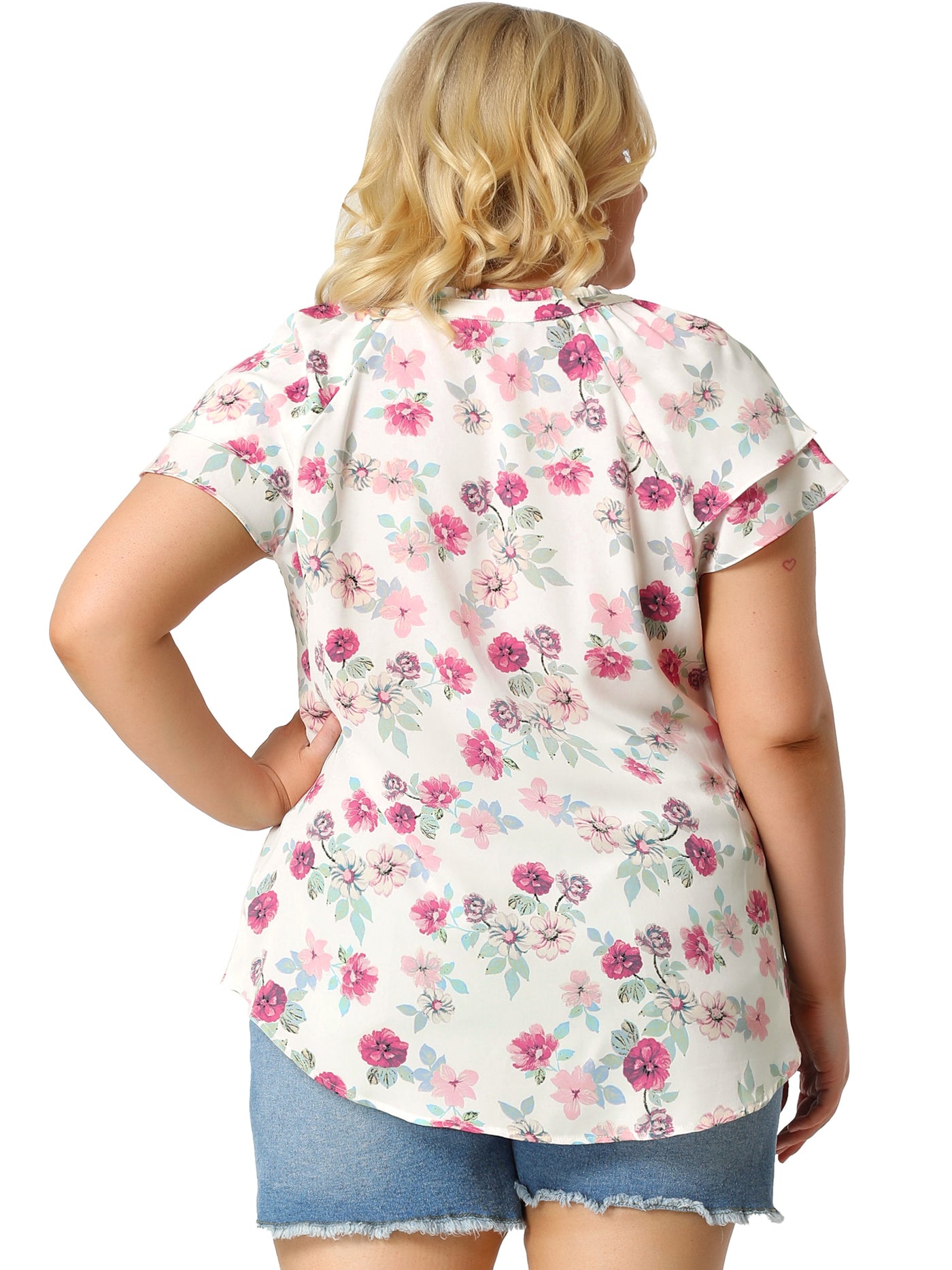 Bublédon Plus Size Floral Printed Ruffle Trim V Neck Layered Blouse