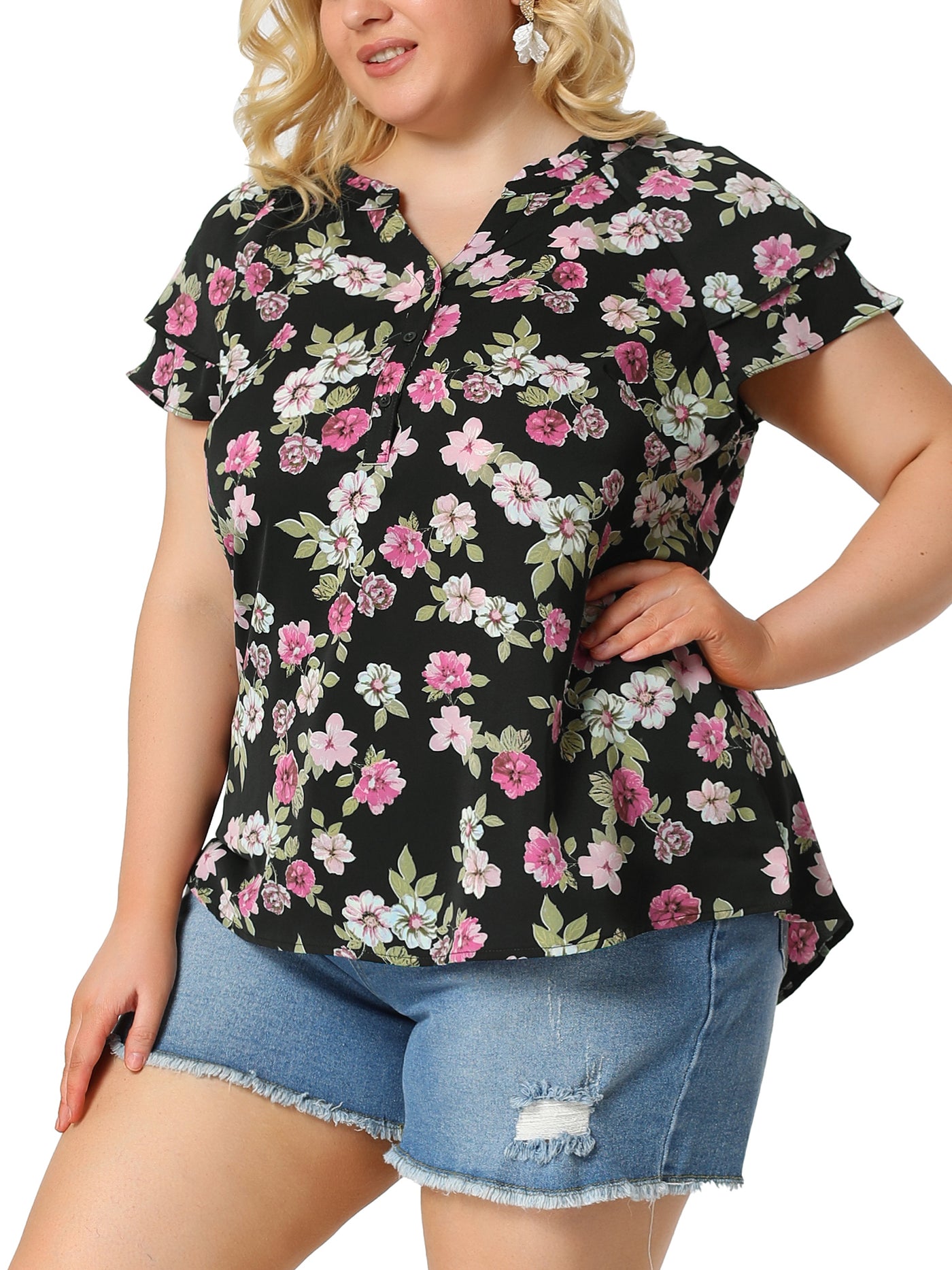 Bublédon Plus Size Floral Printed Ruffle Trim V Neck Layered Blouse