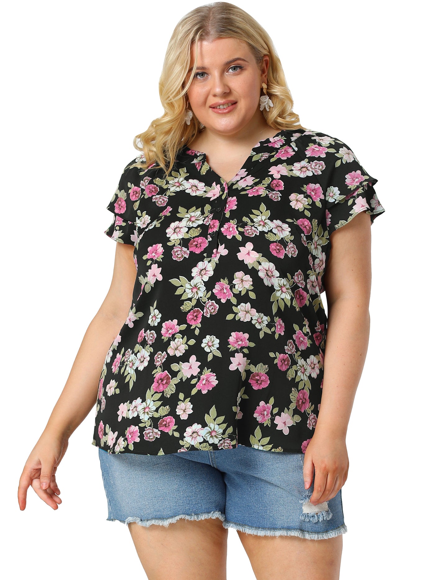 Bublédon Plus Size Floral Printed Ruffle Trim V Neck Layered Blouse