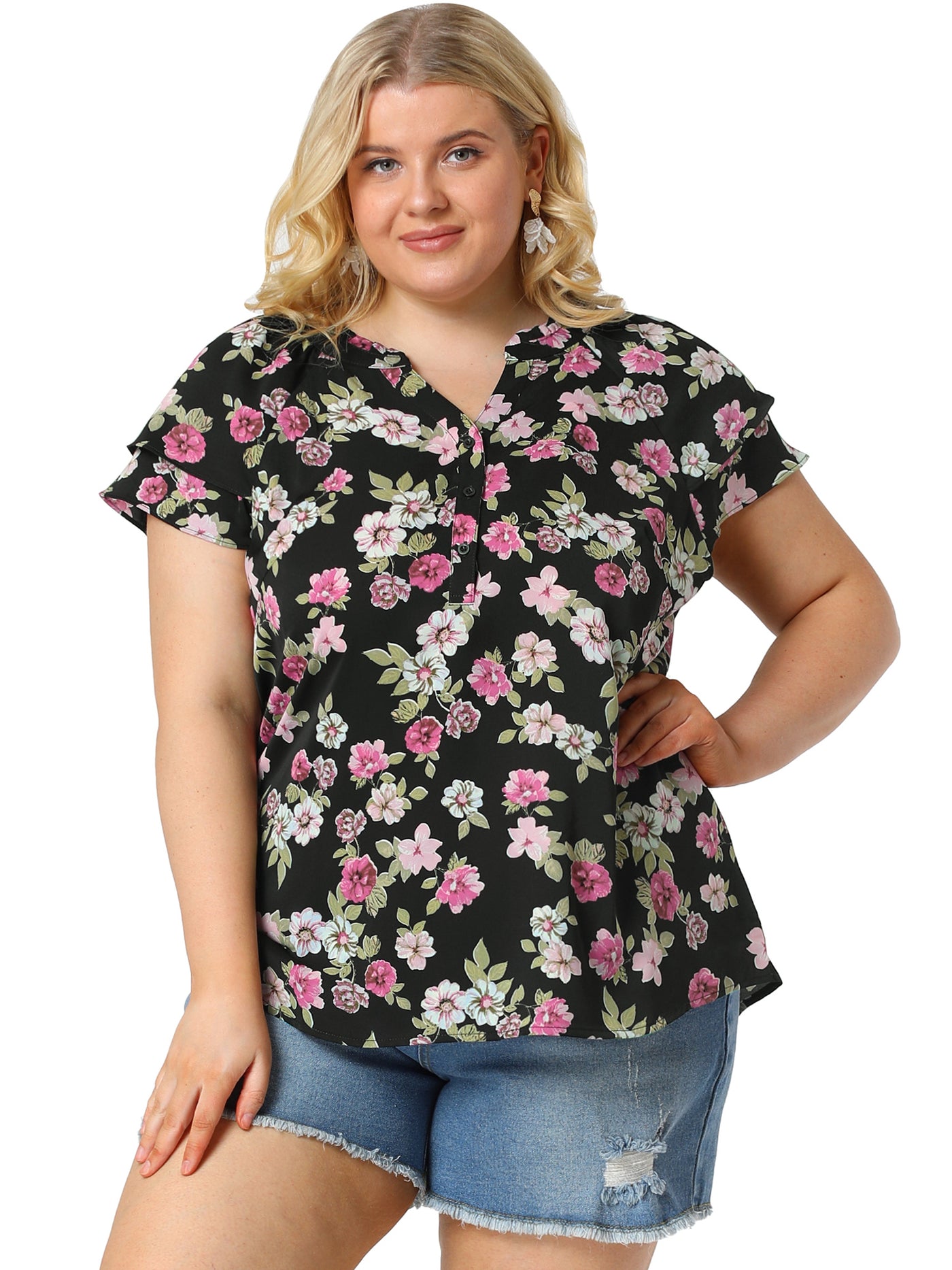 Bublédon Plus Size Floral Printed Ruffle Trim V Neck Layered Blouse