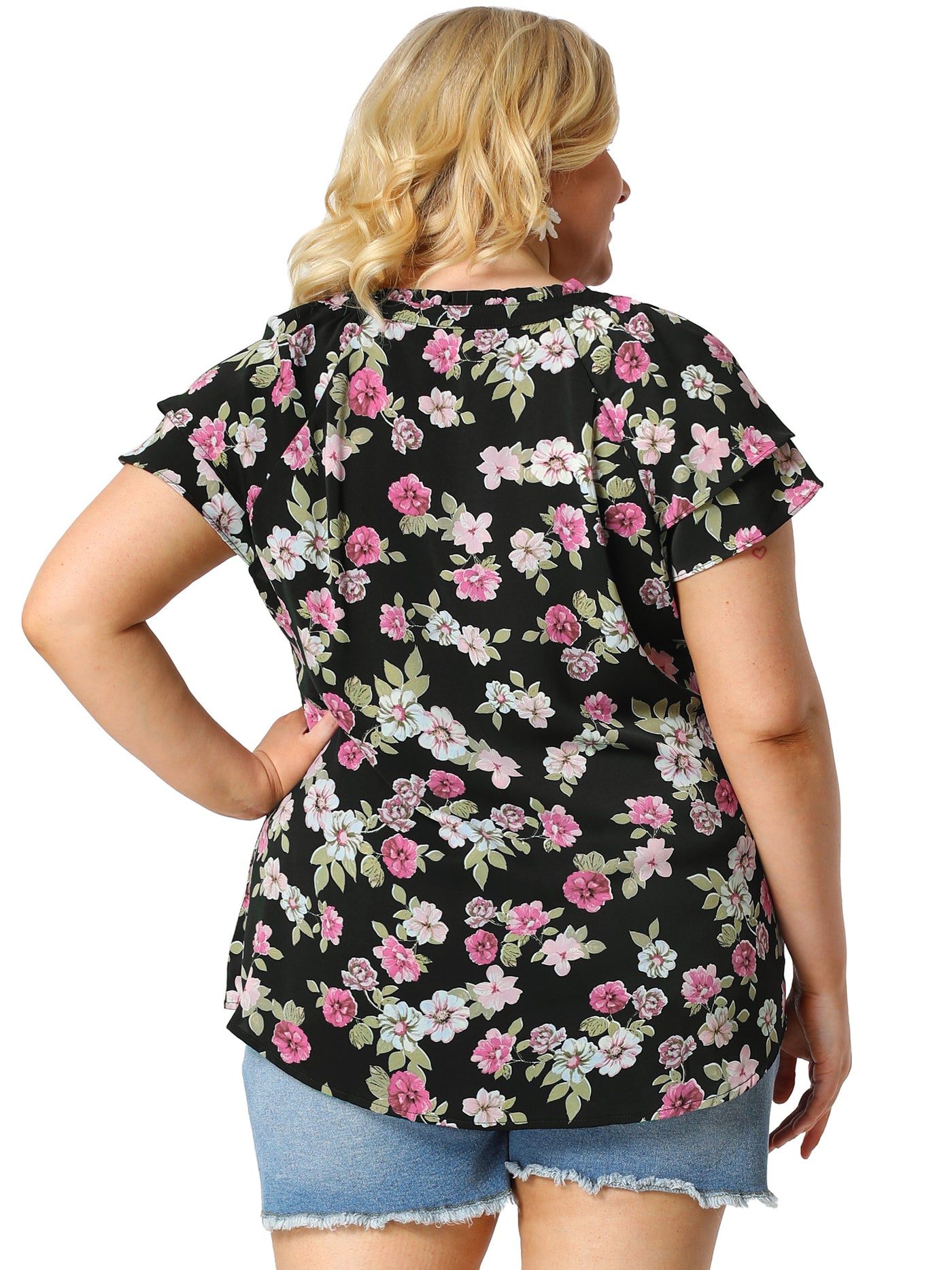 Bublédon Plus Size Floral Printed Ruffle Trim V Neck Layered Blouse