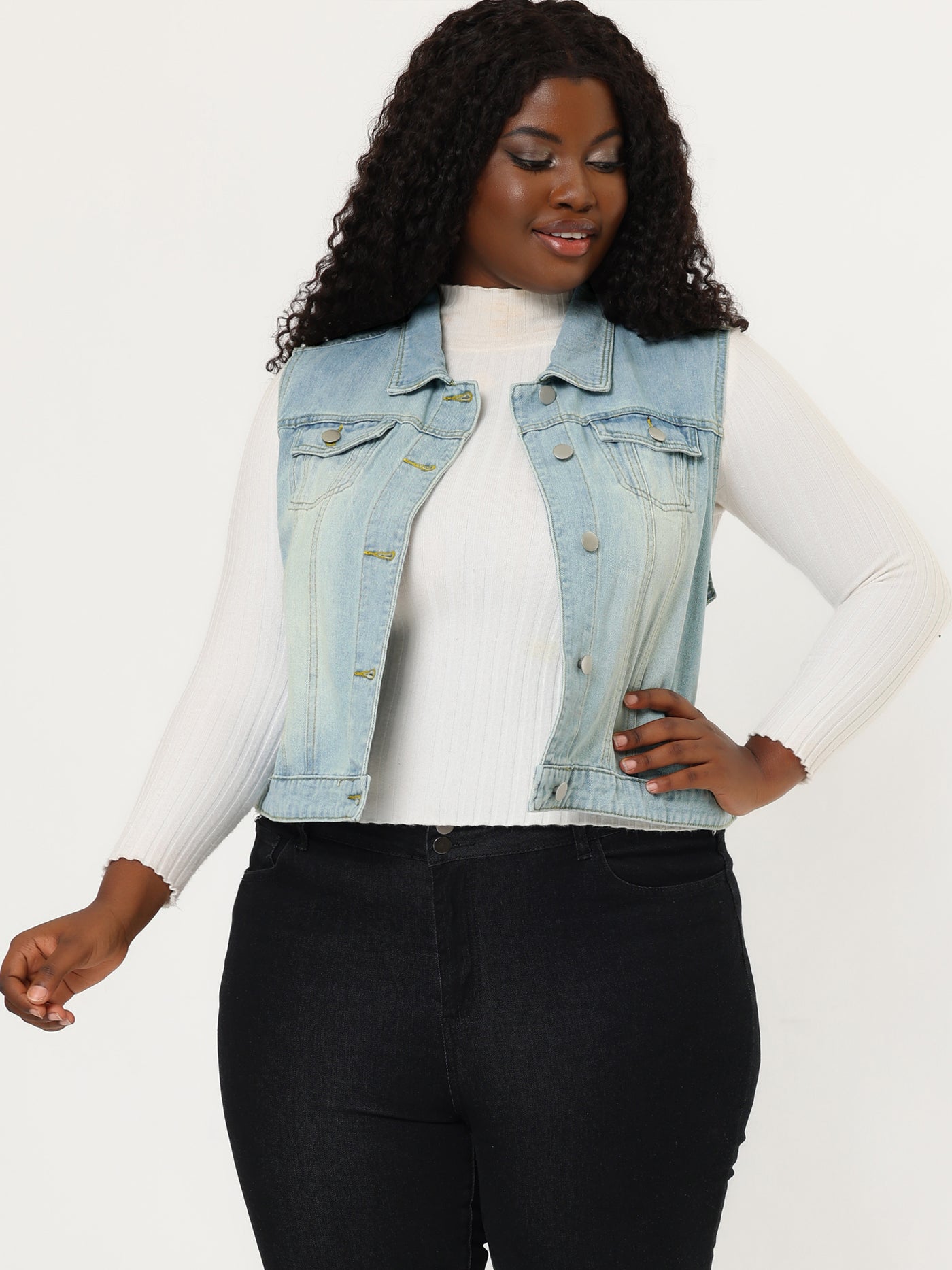 Bublédon Women Plus Size Chest Pockets Single Breasted Denim Vest