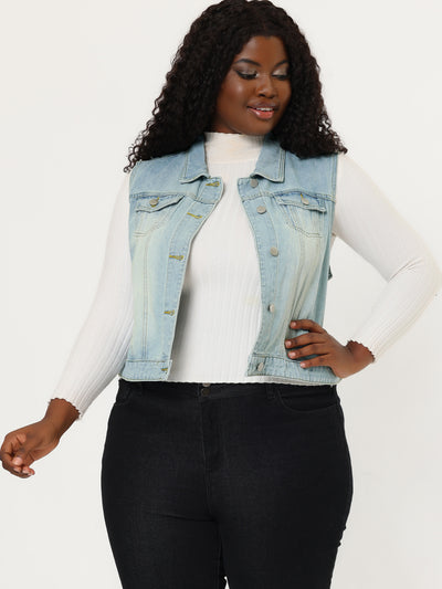 Women Plus Size Chest Pockets Single Breasted Denim Vest