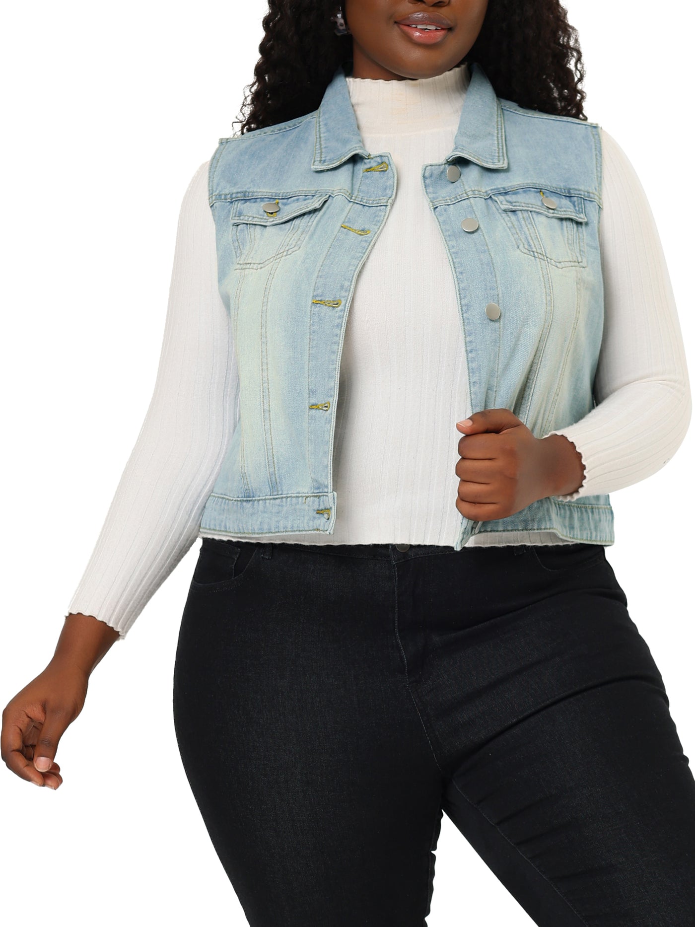 Bublédon Women Plus Size Chest Pockets Single Breasted Denim Vest