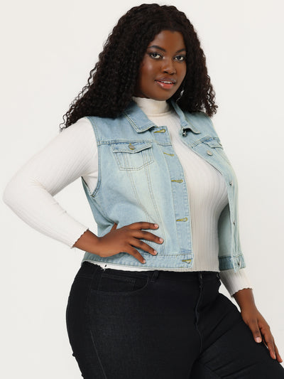 Women Plus Size Chest Pockets Single Breasted Denim Vest