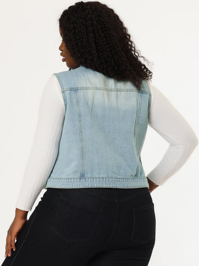 Women Plus Size Chest Pockets Single Breasted Denim Vest