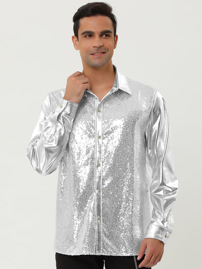 Shiny Long Sleeve Button Down Disco Party Shirts