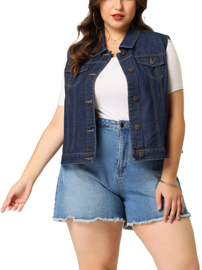 Women Plus Size Chest Pockets Single Breasted Denim Vest