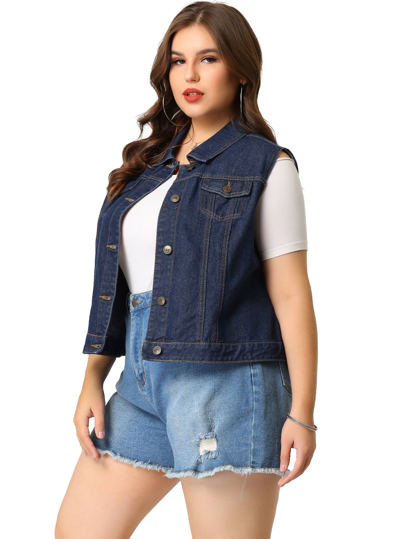 Bublédon Women Plus Size Chest Pockets Single Breasted Denim Vest