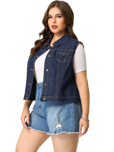 Women Plus Size Chest Pockets Single Breasted Denim Vest