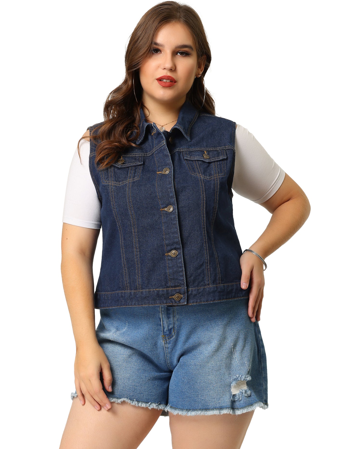 Bublédon Women Plus Size Chest Pockets Single Breasted Denim Vest