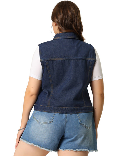 Women Plus Size Chest Pockets Single Breasted Denim Vest