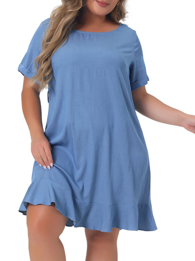 Crew Neck Plain Belted Ruffle Hem Plus-size Dress