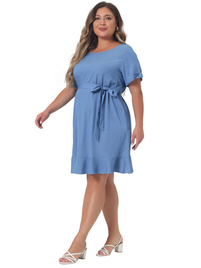 Crew Neck Plain Belted Ruffle Hem Plus-size Dress