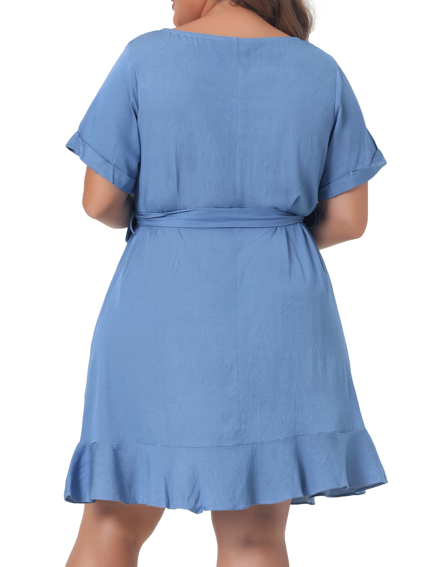 Bublédon Crew Neck Plain Belted Ruffle Hem Plus-size Dress