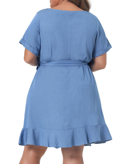 Crew Neck Plain Belted Ruffle Hem Plus-size Dress