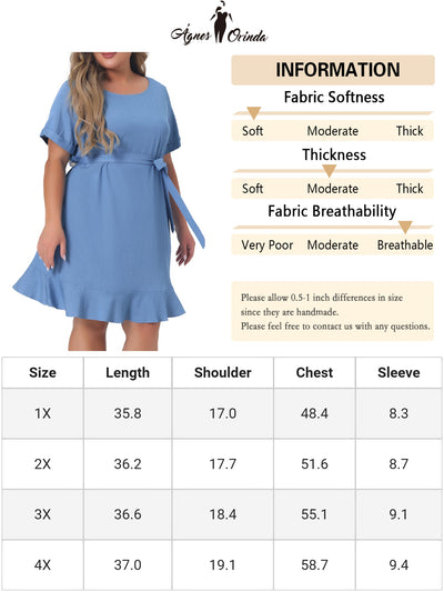 Crew Neck Plain Belted Ruffle Hem Plus-size Dress