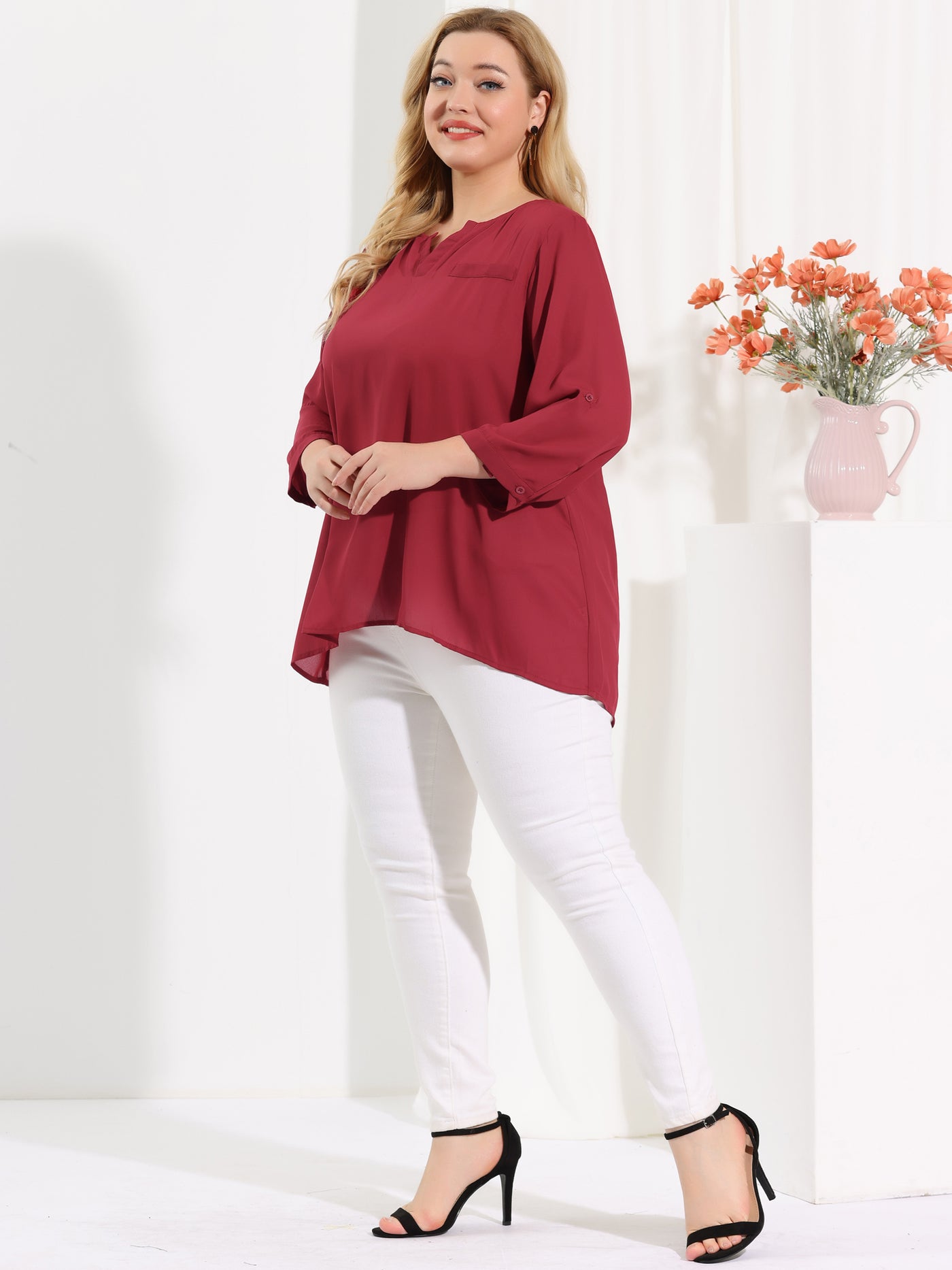 Bublédon Women Plus Size 3/4 Sleeve Flowy Summer Split V Neck Blouse