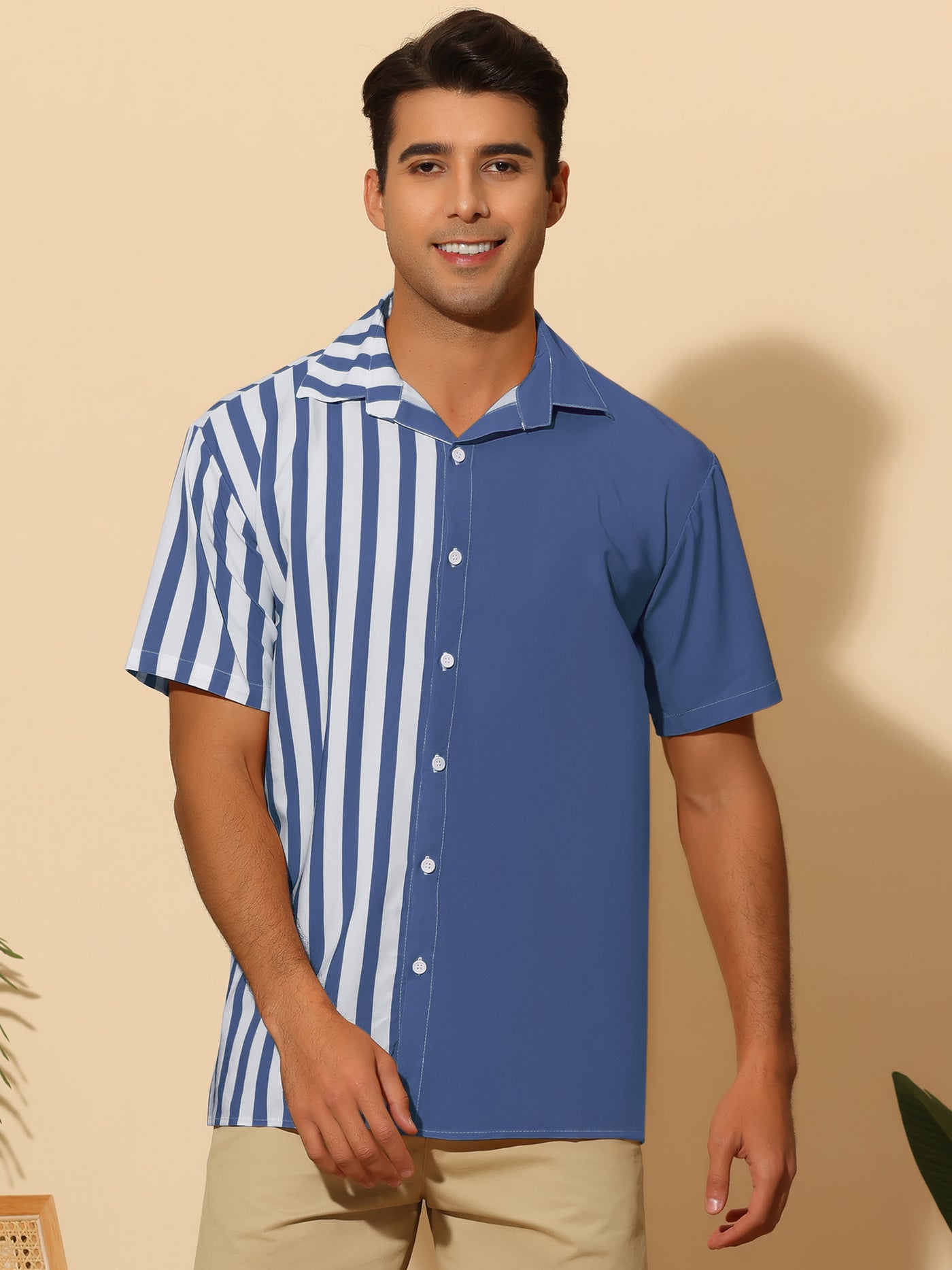 Bublédon Striped Patchwork Shirts for Men's Short Sleeved Color Block Summer Beach Shirt