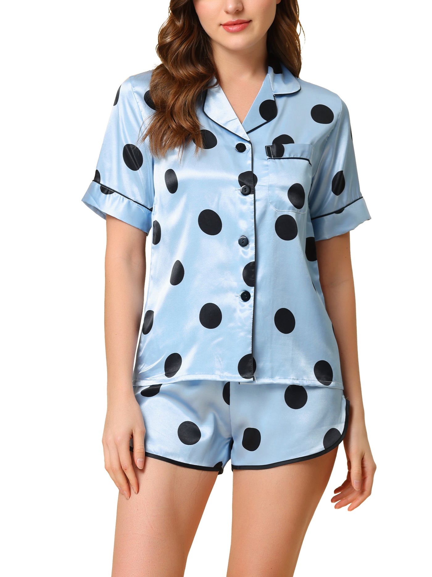 Bublédon Women's Satin 2pcs Lounge Sleepwear T-Shirt and Shorts Polka Dots Pajama Sets