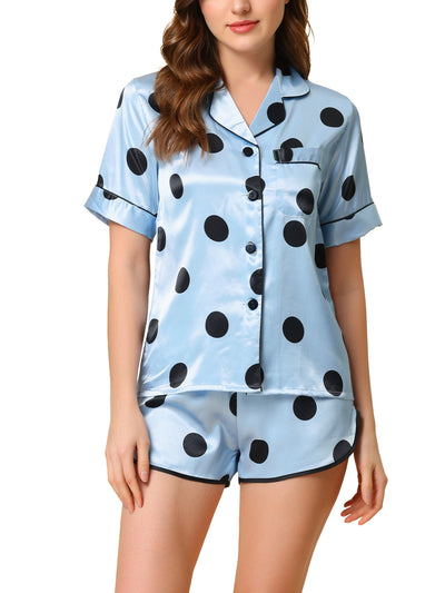 Women's Satin 2pcs Lounge Sleepwear T-Shirt and Shorts Polka Dots Pajama Sets