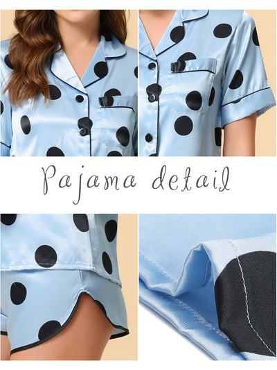 Women's Satin 2pcs Lounge Sleepwear T-Shirt and Shorts Polka Dots Pajama Sets