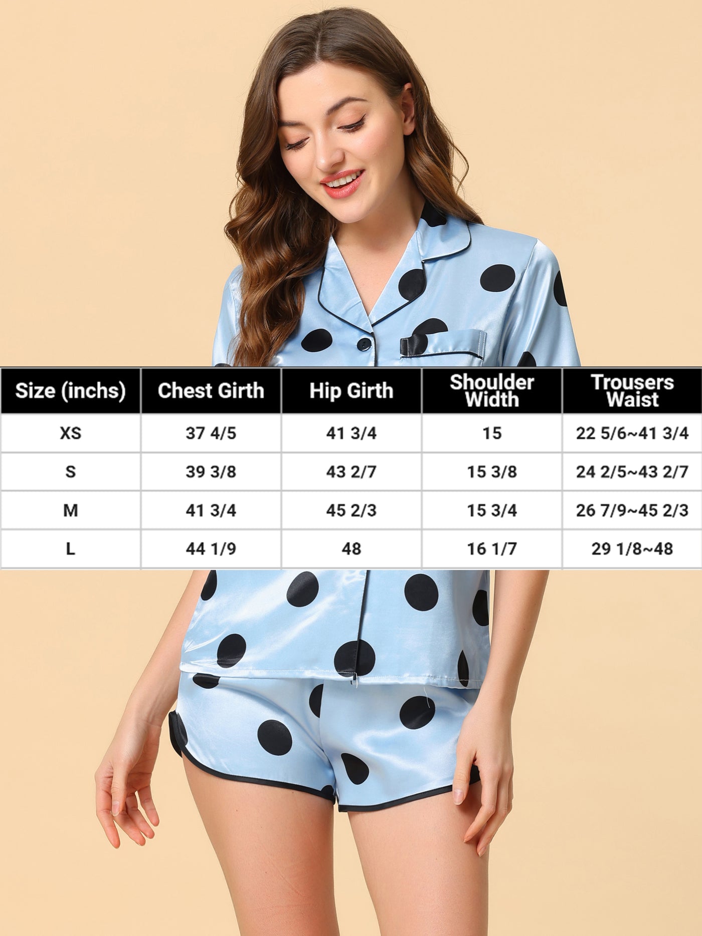 Bublédon Women's Satin 2pcs Lounge Sleepwear T-Shirt and Shorts Polka Dots Pajama Sets