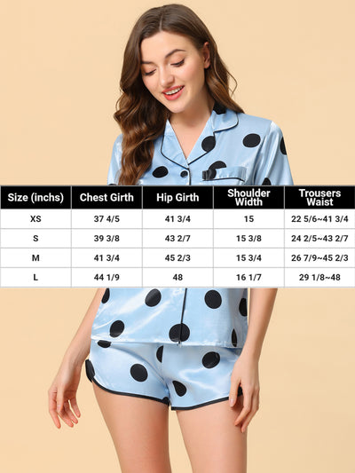 Women's Satin 2pcs Lounge Sleepwear T-Shirt and Shorts Polka Dots Pajama Sets