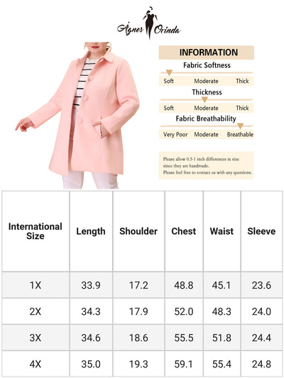 Women's Plus Size Coat Turndown Collar Full Lined Side Pocket Single Breasted Coats