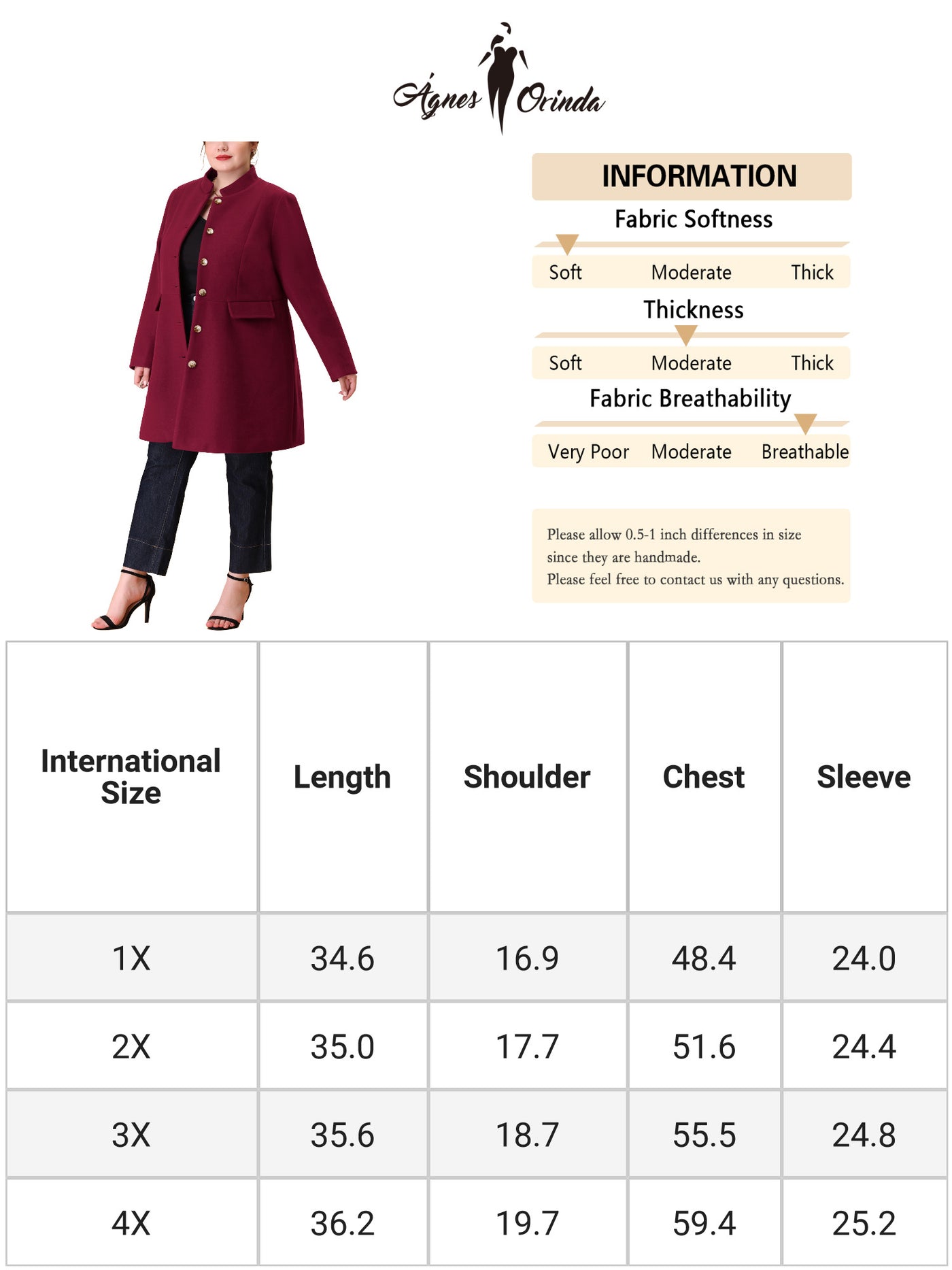 Bublédon Plus Size Elegant Mid-thigh Stand Collar Winter Single Breasted Coat