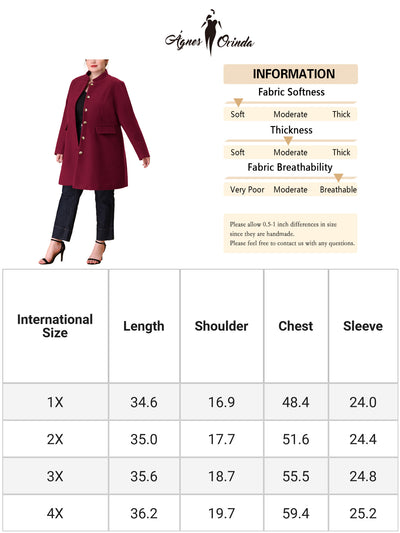 Plus Size Elegant Mid-thigh Stand Collar Winter Single Breasted Coat