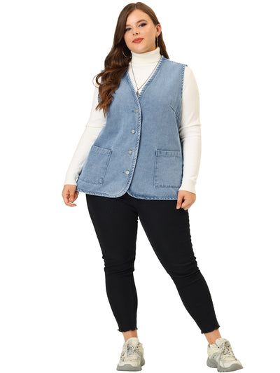 Bublédon Women's Plus Size Sleeveless Denim Vest Button Down V Neck Jean Waistcoat Vests