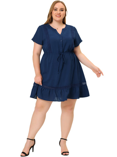 X Line Woven V Neck Short Sleeve Tie Waist Dress