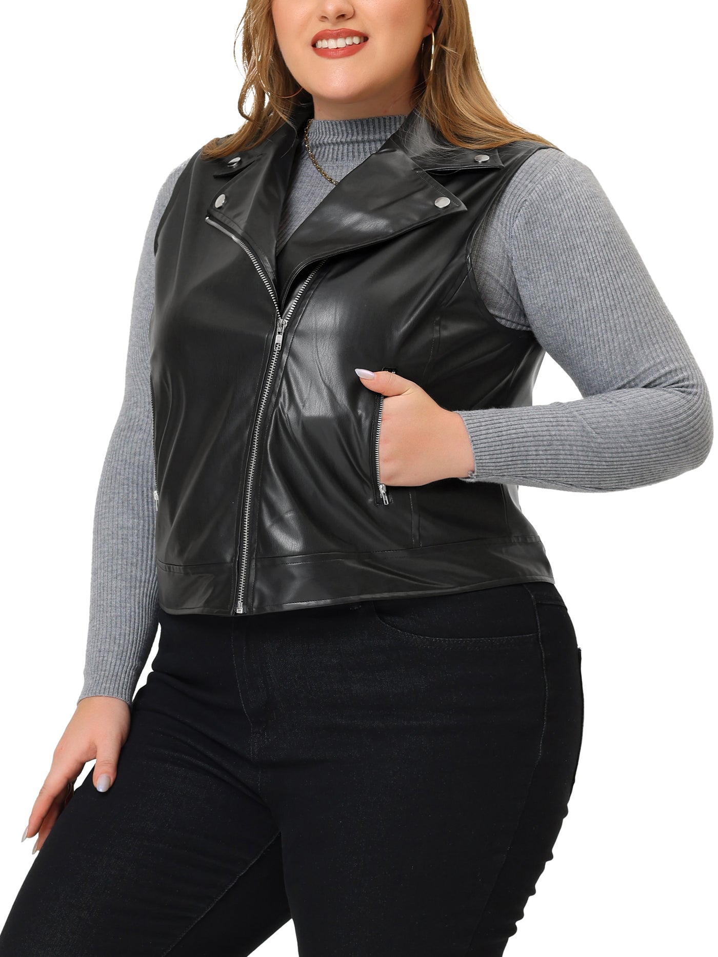 Bublédon Plus Size Leather Motorcycle Vest for Women Zip Up Notch Lapel Riding Club Black Biker Vests Jacket