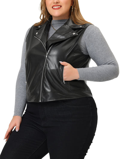 Plus Size Leather Motorcycle Vest for Women Zip Up Notch Lapel Riding Club Black Biker Vests Jacket