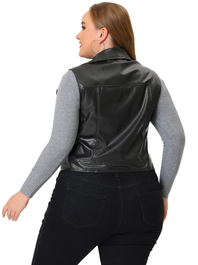 Plus Size Leather Motorcycle Vest for Women Zip Up Notch Lapel Riding Club Black Biker Vests Jacket