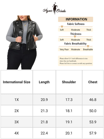 Plus Size Leather Motorcycle Vest for Women Zip Up Notch Lapel Riding Club Black Biker Vests Jacket