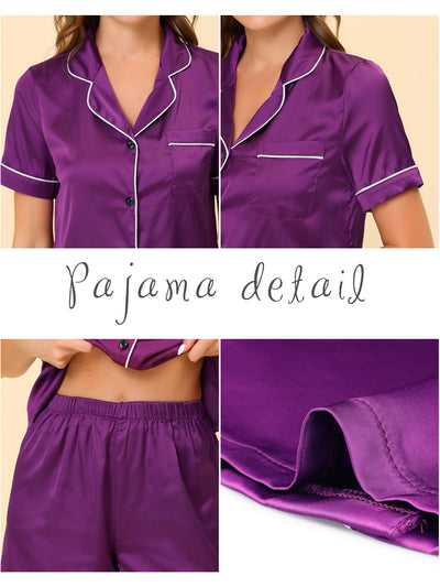 Women's Pajama Loungewear Short Sleeves Button Down Satin Pj Sets