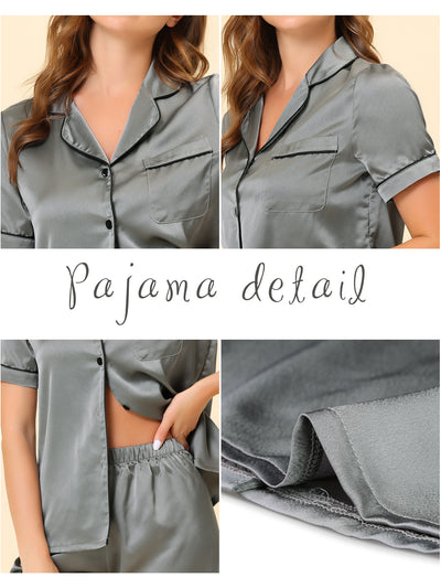 Women's Pajama Loungewear Short Sleeves Button Down Satin Pj Sets