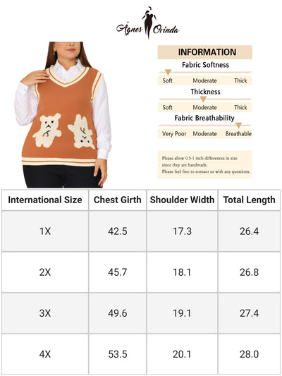 Women's Plus Size Sweater Vest V Neck Bear Knit Sleeveless Pullover Sweaters Vests