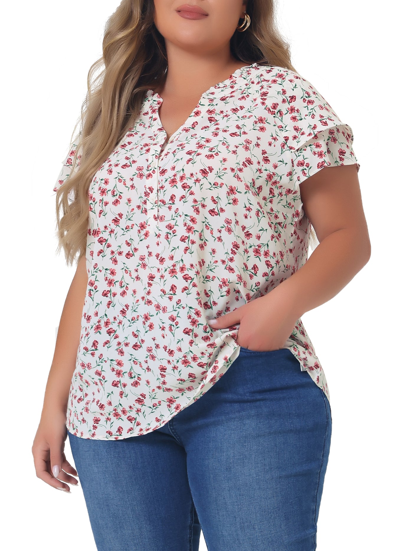 Bublédon Plus Size Floral Printed Ruffle Trim V Neck Layered Blouse