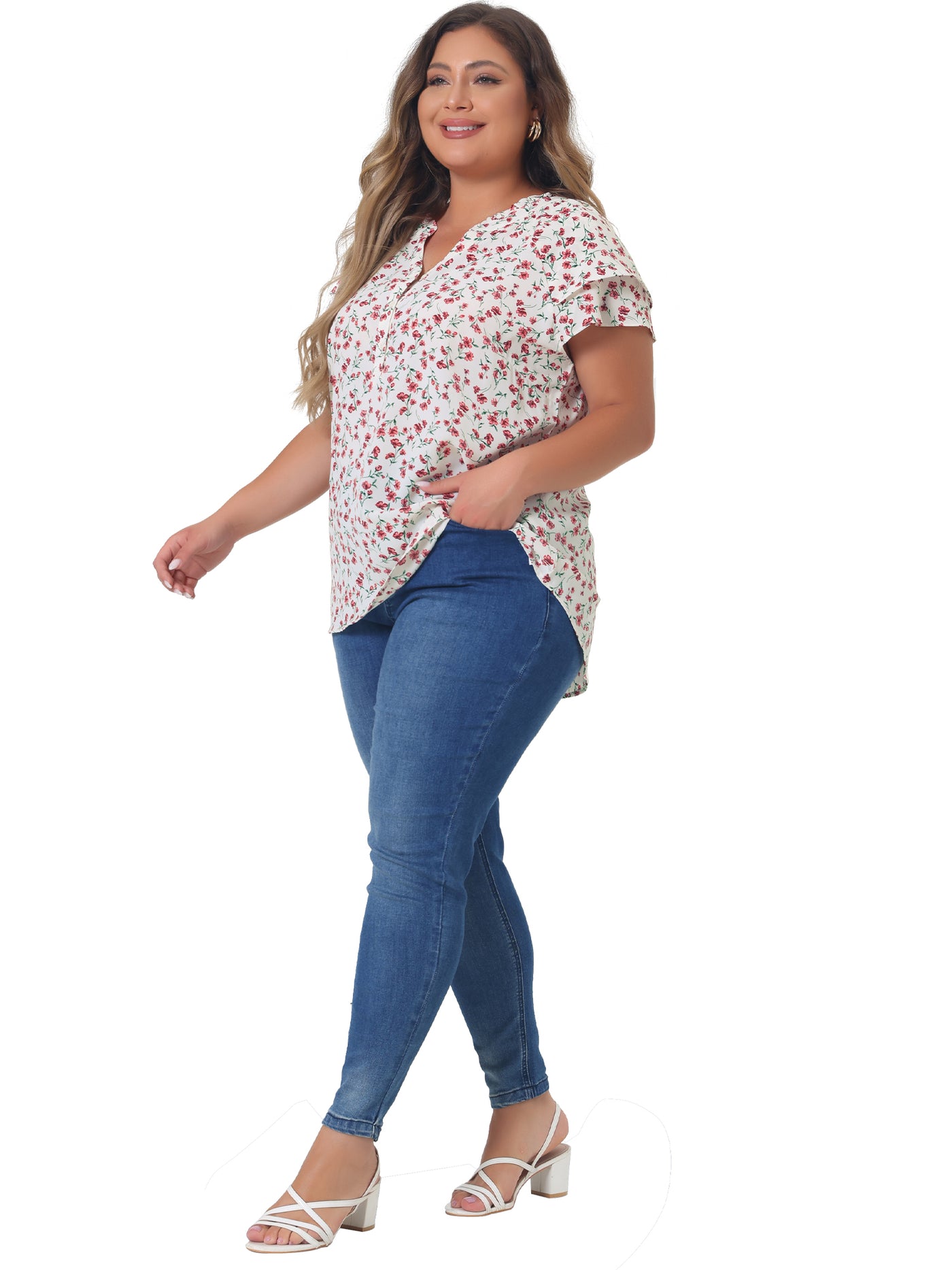 Bublédon Plus Size Floral Printed Ruffle Trim V Neck Layered Blouse