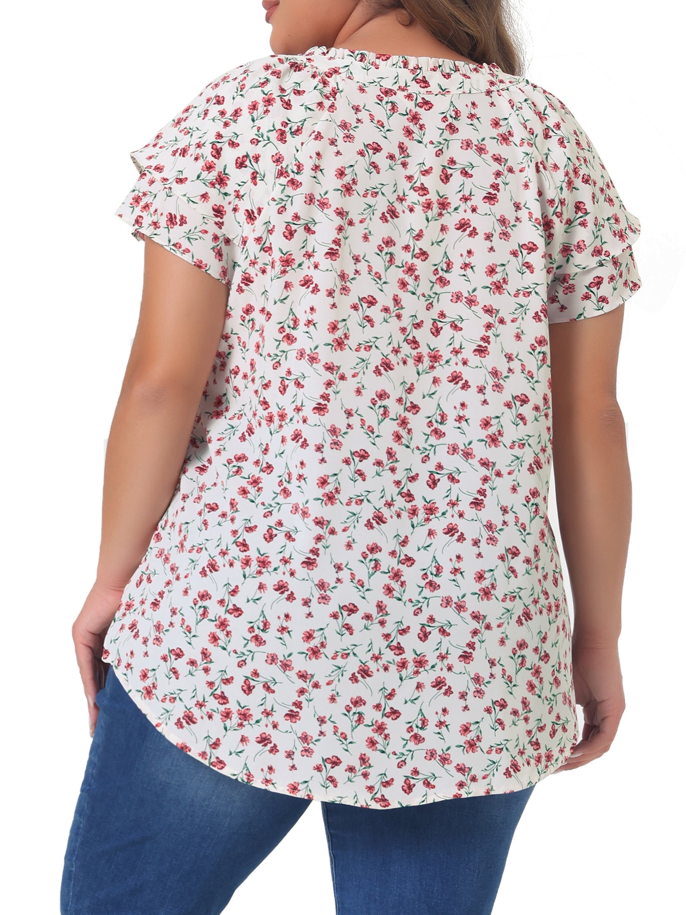 Bublédon Plus Size Floral Printed Ruffle Trim V Neck Layered Blouse