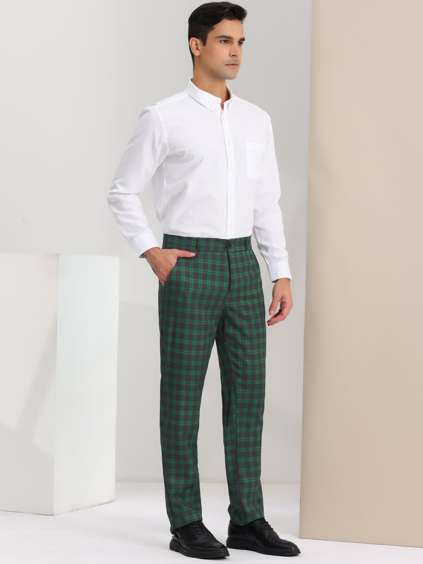 Livewire Men's Cotton Lycra Green Slim Fit Checkered Trouser