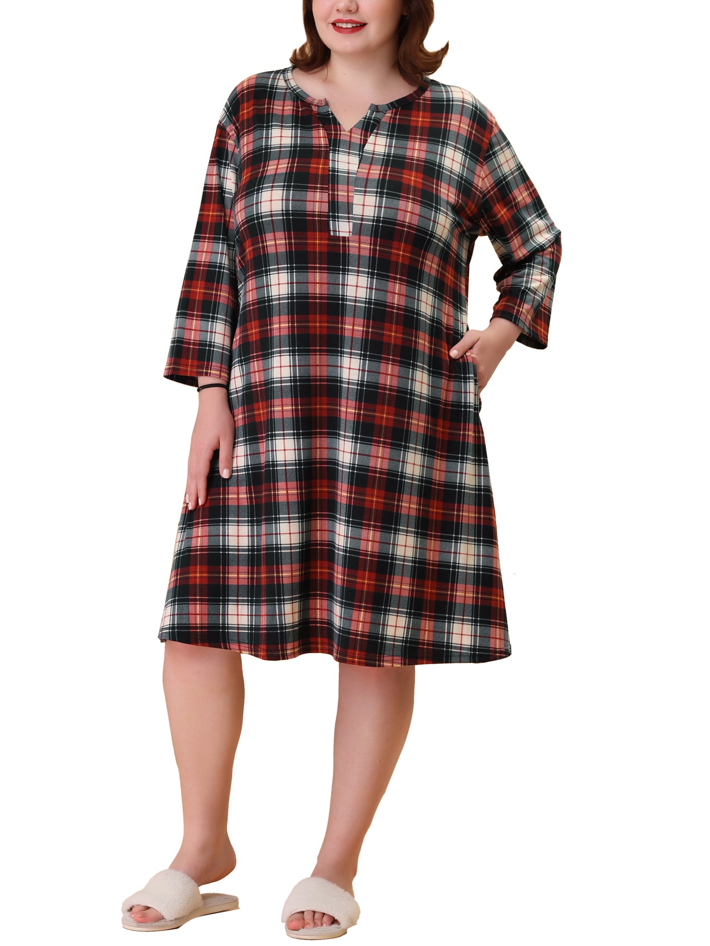 Bublédon Plus Size Nightgown for Women Plaid V Neck Lounge Sleep Dress Nightgowns